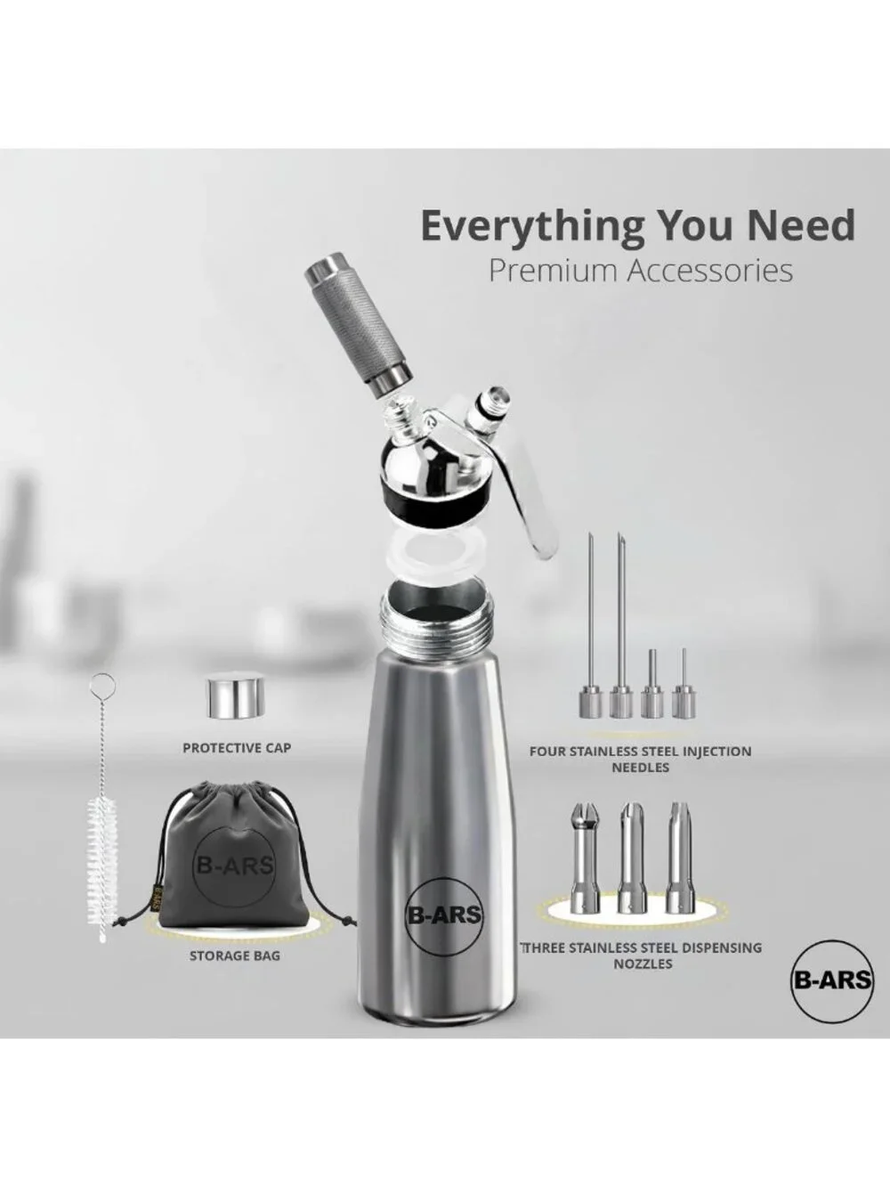 Whipped Cream Dispenser 500ml - Stainless Steel, Includes Nozzles & Cleaning